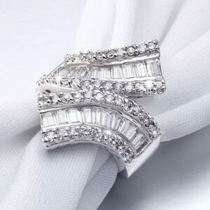 Double Band Baguette Cut Diamonds White Gold Ring Stacked Curved Statement Gift